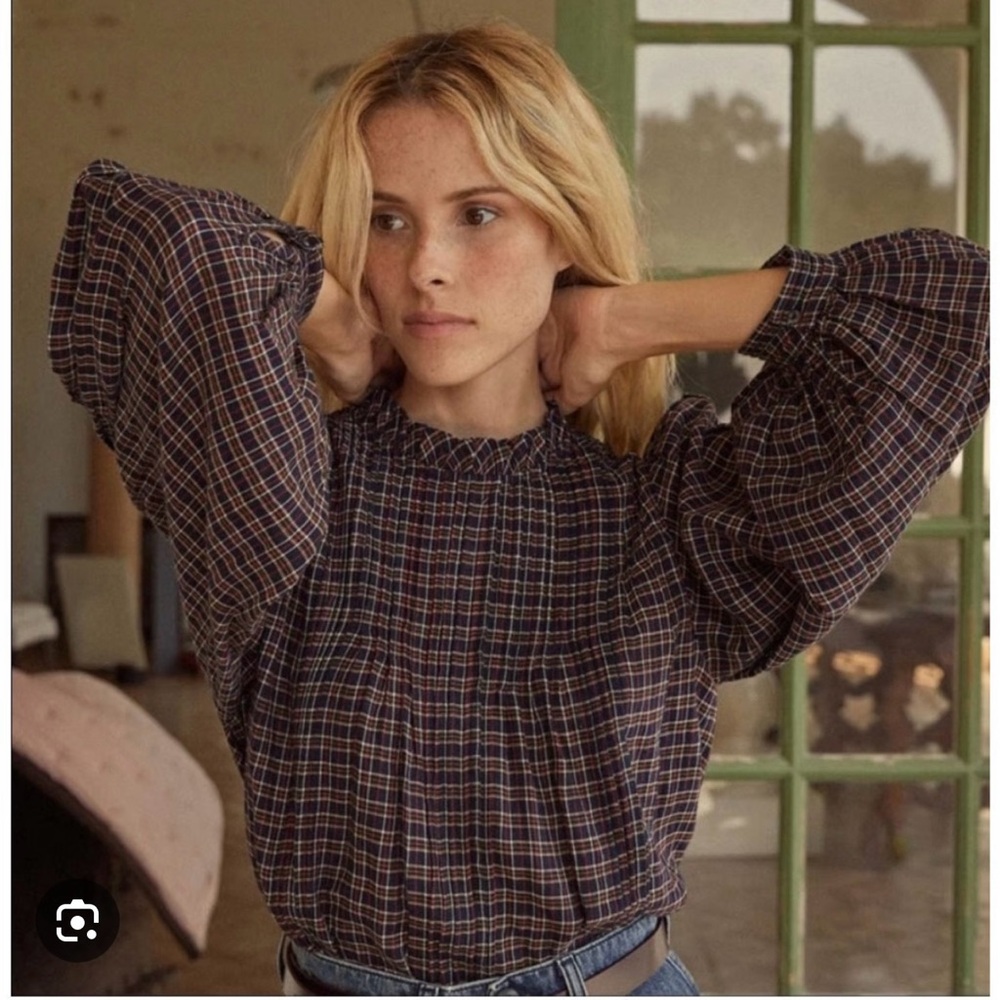 Doen Navy Plaid Blouse